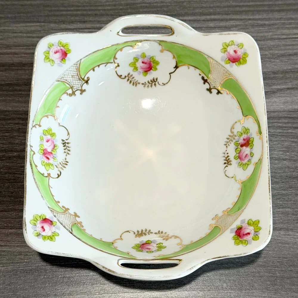 Antique Nippon Hand Painted Porcelain Handled‎ Bowl Floral Pink Rose Gold Gilt